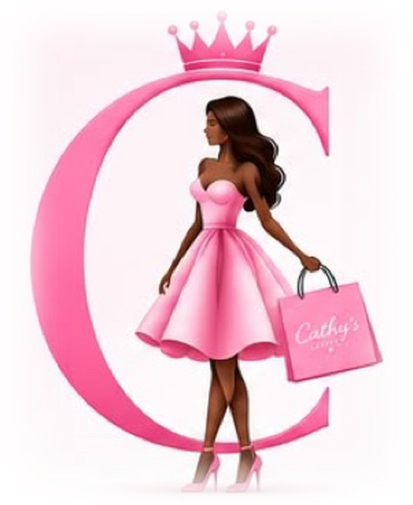 Cathy's Closett brand illustration: a woman in a pink dress inside a pink crowned C